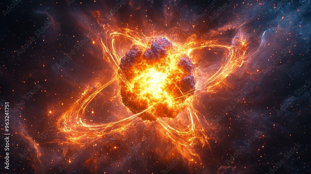 Obraz premium A fiery cosmic explosion with swirling flames and a star in the center.