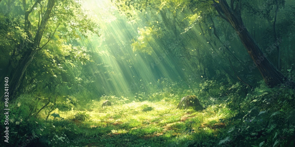 Sunbeams beautifully shining through a lush, green forest. Sunbeams beautifully shining through a lush, green forest.