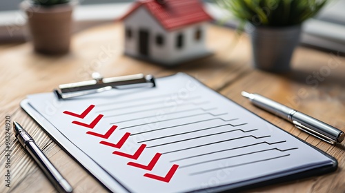 A checklist on a clipboard with red check marks next to the list items. The clipboard is on a wooden table, with a pen and a house model out of focus in the background.