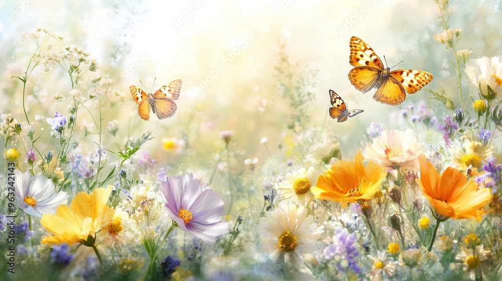 Wildflowers bloom brightly as butterflies flutter around, creating a cheerful atmosphere in a sunny meadow filled with color. Generative AI Wildflowers bloom brightly as butterflies flutter around, creating a cheerful atmosphere in a sunny meadow filled with color. Generative AI