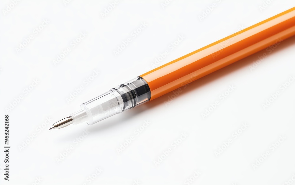 A close-up view of an orange pen with a transparent barrel and fine tip, perfect for stationery and writing-themed projects. A close-up view of an orange pen with a transparent barrel and fine tip, perfect for stationery and writing-themed projects.