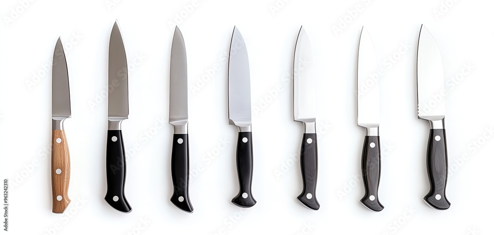 A collection of diverse kitchen knives arranged neatly on a white background, showcasing their elegant designs and sharp blades. A collection of diverse kitchen knives arranged neatly on a white background, showcasing their elegant designs and sharp blades.