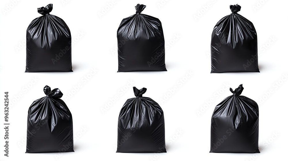 A collection of six black garbage bags on a white background, ideal for waste management, cleaning, and organization themes. A collection of six black garbage bags on a white background, ideal for waste management, cleaning, and organization themes.