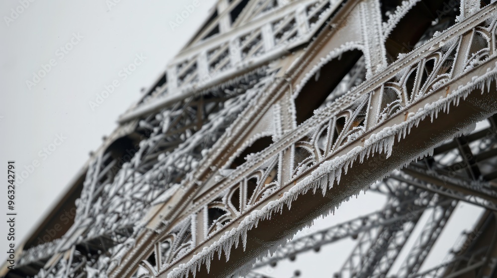 Obraz premium A close-up view of the Eiffel Tower's intricate latticework reveals delicate snowflakes clinging to its metal beams, creating a mesmerizing contrast of textures.