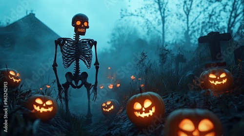 Eerie skeleton icon standing in a foggy graveyard, with glowing jack-o-lanterns around it. photo