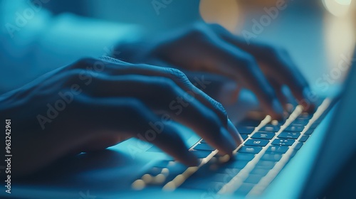  Close-up of hands typing on an illuminated laptop keyboard, showcasing focus, technology, and productivity during a late-night work session. photo