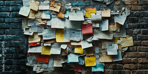 Wailing Wall of Information: A jumbled mess of sticky notes and printed papers, coating the entirety of a brick wall.