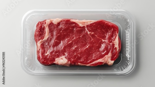 Blank transparent plastic tray with beef mockup, top view, 3d rendering. Empty cellophane or foil packaging for red meat mock up, isolated. Clear market vacuum packaged for uncooked sirloin template