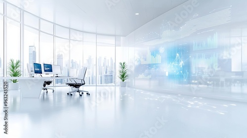 A professional office environment where a global team is engaged in a digital marketing trends presentation The backdrop features international conference banners and diverse workp photo