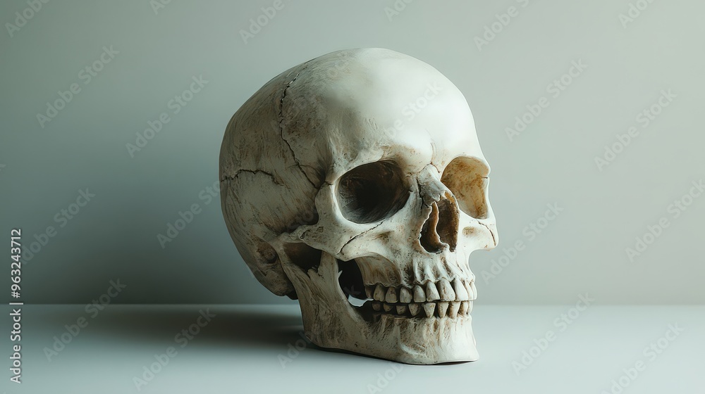 Spooky skull prop with detailed features placed on flat surface, plain background focusing on eerie Halloween macabre theme. Spooky skull prop with detailed features placed on flat surface, plain background focusing on eerie Halloween macabre theme.