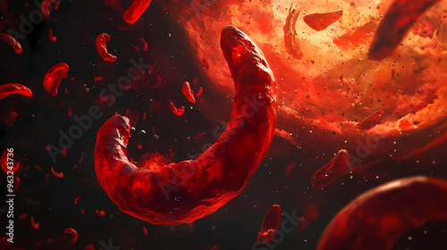 A giant irregularlyshaped sickle cell vastly different from the smooth circular red cells surrounding it. this mutated cell can cause. Giant. Illustration photo