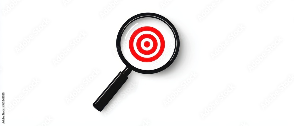 Magnifying Glass Focusing on Red Target Symbol Isolated on White Background Magnifying Glass Focusing on Red Target Symbol Isolated on White Background