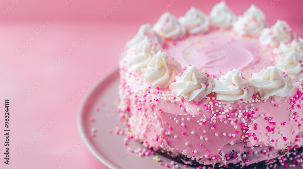 A delightful pink birthday cake forms a charming background. The pink color gives a soft and festive look. The cake has a smooth surface and is likely decorated with various elements. It brings a sens A delightful pink birthday cake forms a charming background. The pink color gives a soft and festive look. The cake has a smooth surface and is likely decorated with various elements. It brings a sens