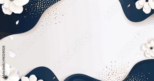 A decorative graphic design featuring flowers and abstract shapes in navy and white.