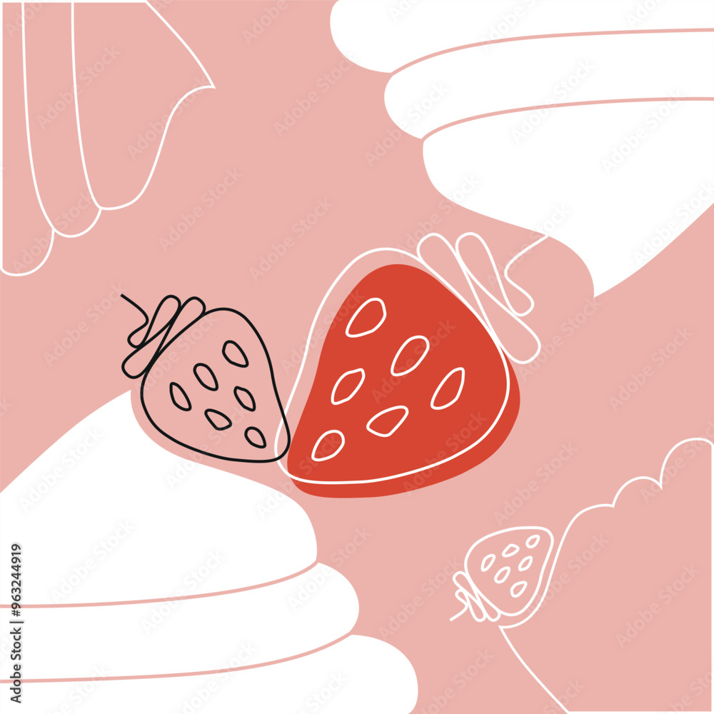 Strawberries and cream. Abstract pattern on pink background for postcard, textile, typography or packaging. Background. Cute design. Vector graphics. Strawberries and cream. Abstract pattern on pink background for postcard, textile, typography or packaging. Background. Cute design. Vector graphics.