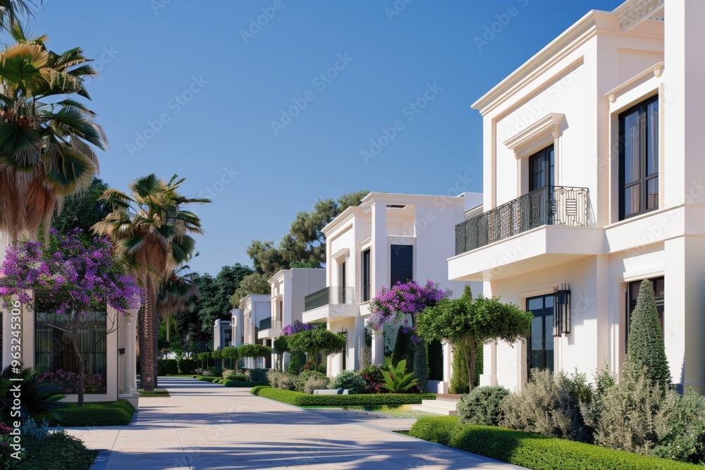 A modern two-story house with a flat roof and large windows. Beautiful simple AI generated image A modern two-story house with a flat roof and large windows. Beautiful simple AI generated image