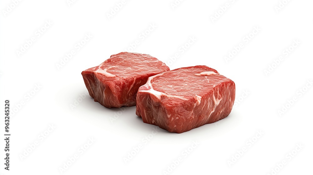Fresh raw beef steaks on a white background, perfect for culinary presentations or meat product advertisements. Fresh raw beef steaks on a white background, perfect for culinary presentations or meat product advertisements.