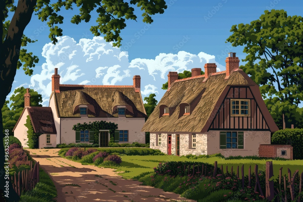 Modern single-story house with a tiled roof, stone facade, and a lush garden with a walkway and steps.. Beautiful simple AI generated image Modern single-story house with a tiled roof, stone facade, and a lush garden with a walkway and steps.. Beautiful simple AI generated image