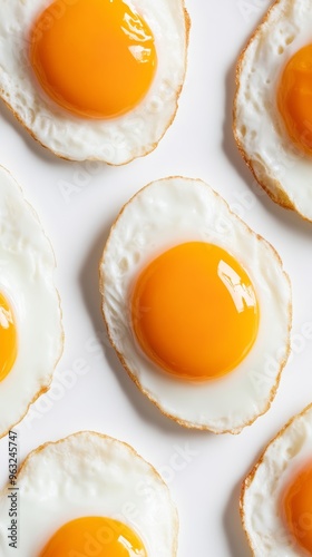 Fried eggs on white background, close-up