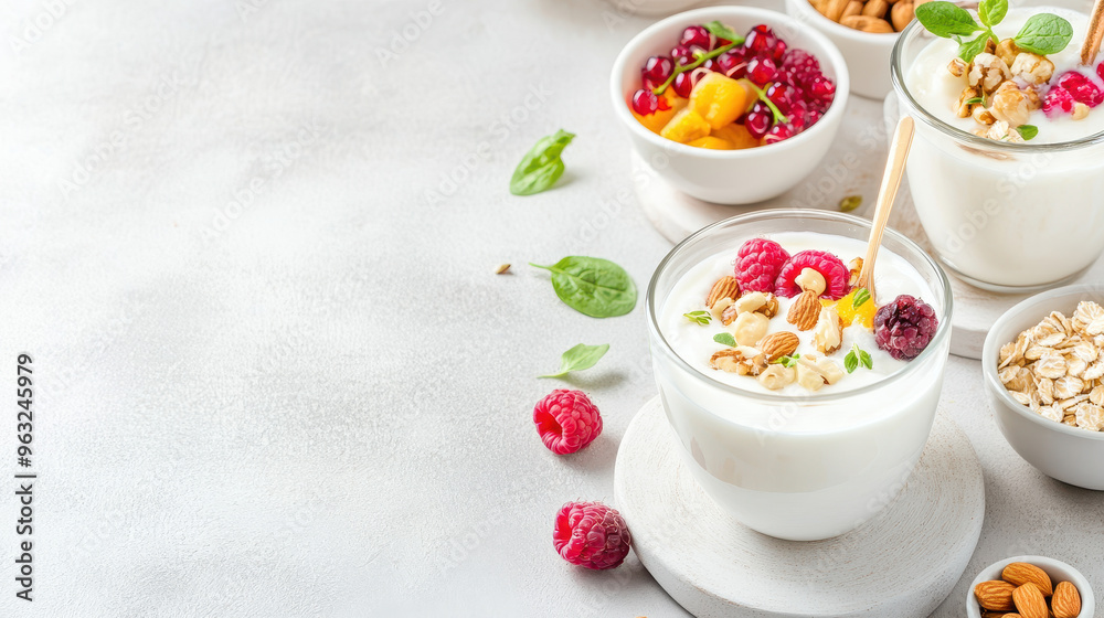 Fresh yogurt topped with raspberries, almonds, and granola, accompanied by colorful fruit bowls on a light background Fresh yogurt topped with raspberries, almonds, and granola, accompanied by colorful fruit bowls on a light background