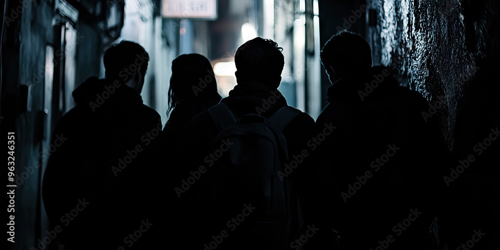 Anxious Whispers in the Night - A group of shadowy figures huddled together in a dimly lit alley.