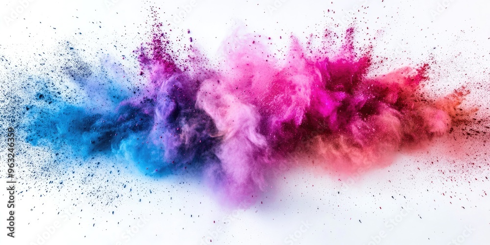 Colorful explosion of Holi paint powders against a white, panoramic background. Colorful explosion of Holi paint powders against a white, panoramic background.