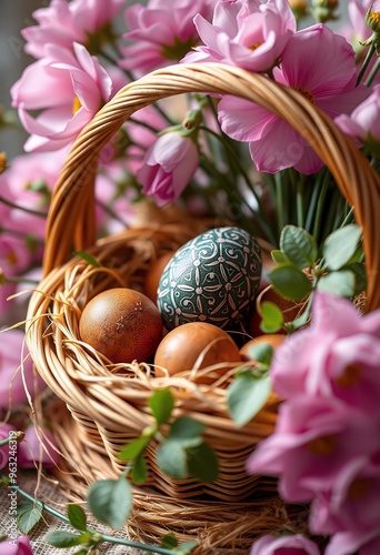 Egg basket for Easter with flowers in soft pink shades