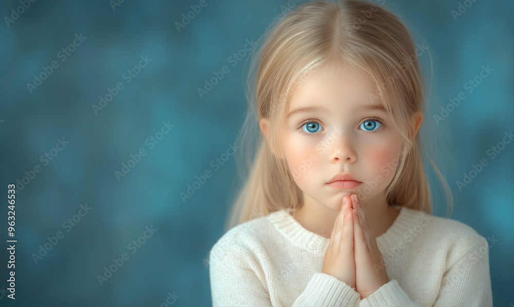 Young girl with blue eyes and clasped hands in serene portrait Young girl with blue eyes and clasped hands in serene portrait
