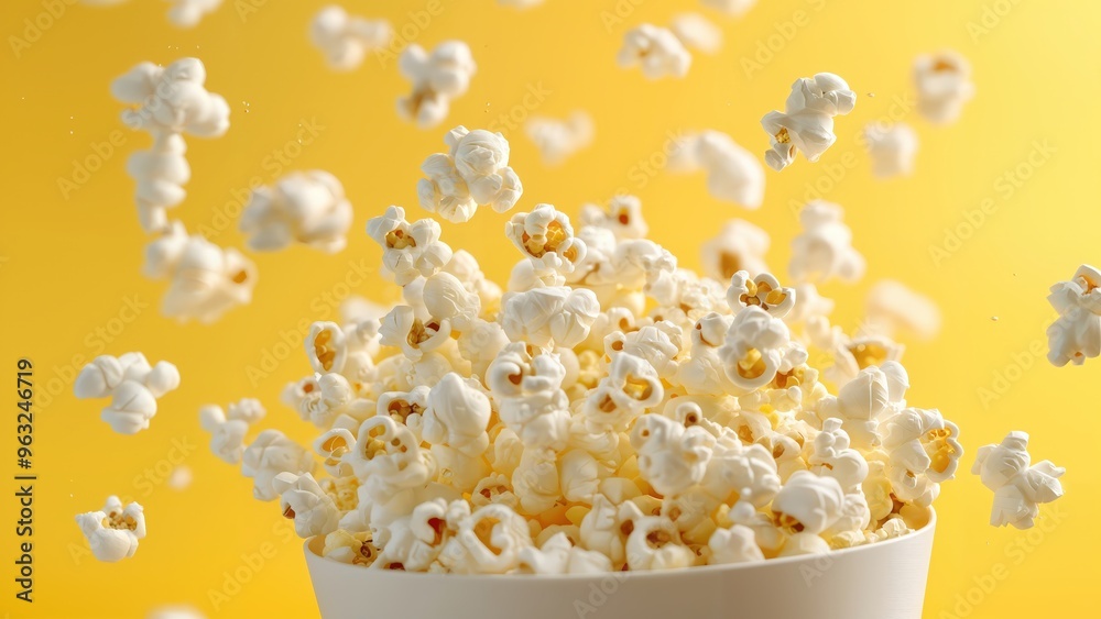 A bowl of popcorn is flying through the air A bowl of popcorn is flying through the air