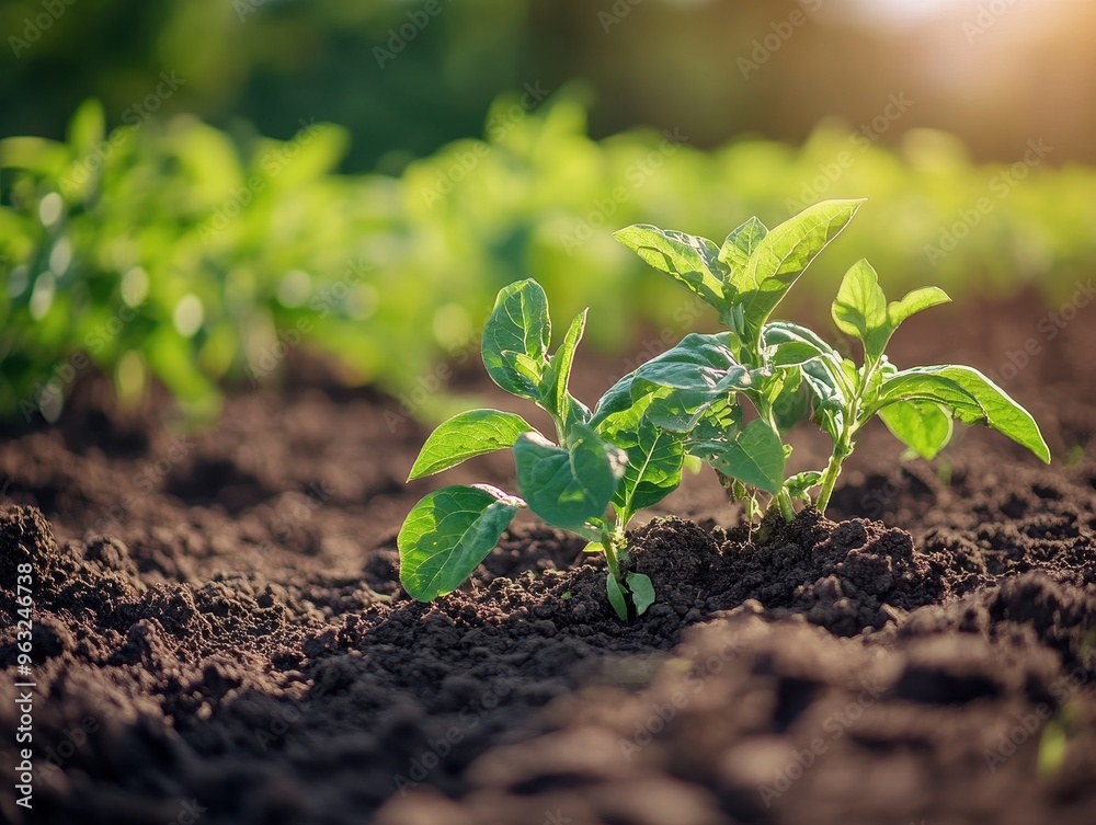 Close-up of green seedlings growing in rich soil, bathed in warm sunlight. Close-up of green seedlings growing in rich soil, bathed in warm sunlight.