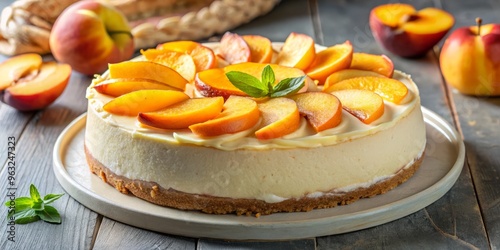 • Luminous, creamy cheesecake interior, glowing with an inner light, topped with a subtle scattering of toasted almonds and a delicate fan of sliced peaches photo