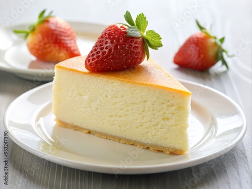 Intimate, macro-style image delving into the velvety, creamy depths of a Japanese cheesecake photo