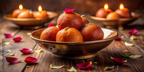 Soft, golden light pours down on the ceramic dish, bathed in a warm, inviting glow, highlighting the delicate rose petals and velvety texture of the gulab jamun, suspended in a romantic haze.