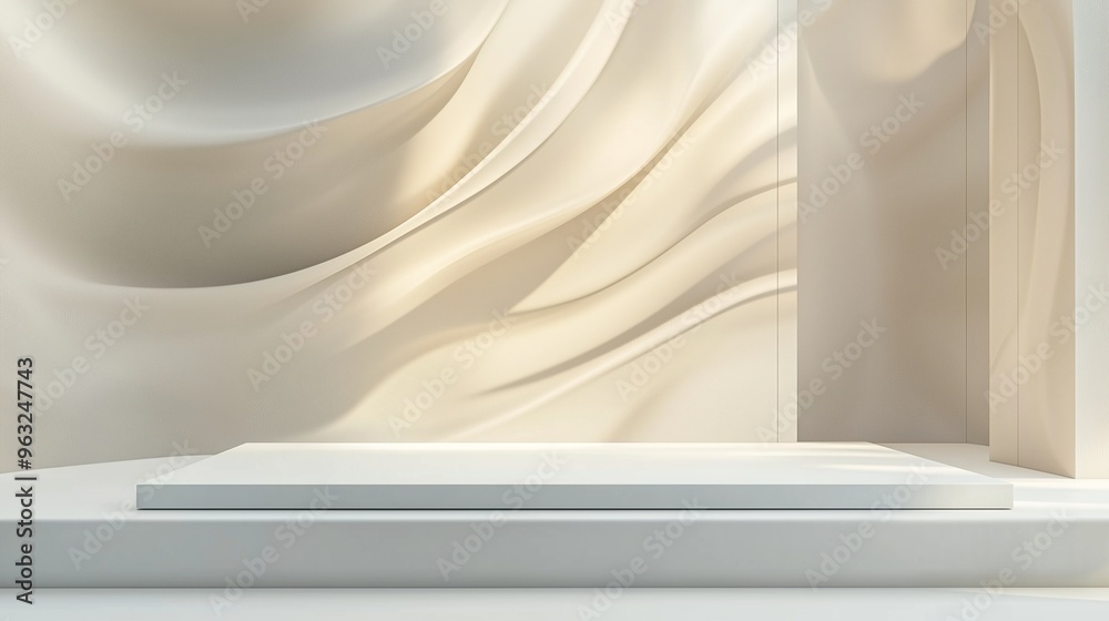 A minimalist white display platform positioned in front of luxury walls with flowing, elegant designs and soft gradient lighting, creating a refined space for high-end product showcases. A minimalist white display platform positioned in front of luxury walls with flowing, elegant designs and soft gradient lighting, creating a refined space for high-end product showcases.