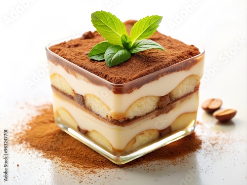 Delicate, golden light illuminates the tiramisu, accentuating the delicate balance of creamy and chocolatey flavors, while the clean white background provides a subtle yet sophisticated contrast.