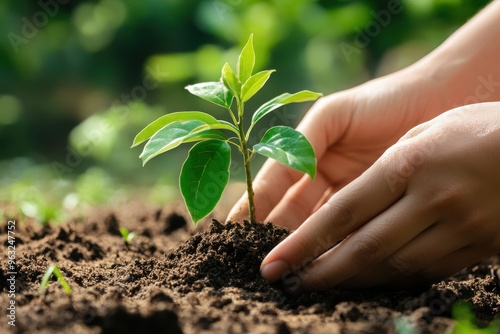 Close-up of hands planting a young tree sapling in rich soil. Sunlight filters through the leaves, highlighting the green foliage.