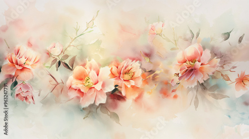 Watercolor, Soft painting of a floral crown, warm pastel tones, peaceful and joyful mood, fluid and natural composition, floral background with copy space