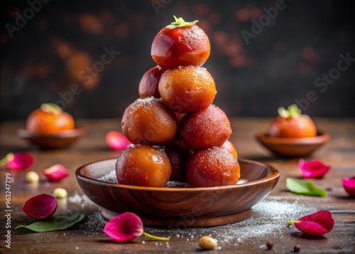 Fiery passion meets gentle restraint in this striking composition, where the sumptuous gulab jamun, stacked high on their pedestal, seem to radiate an inner light photo