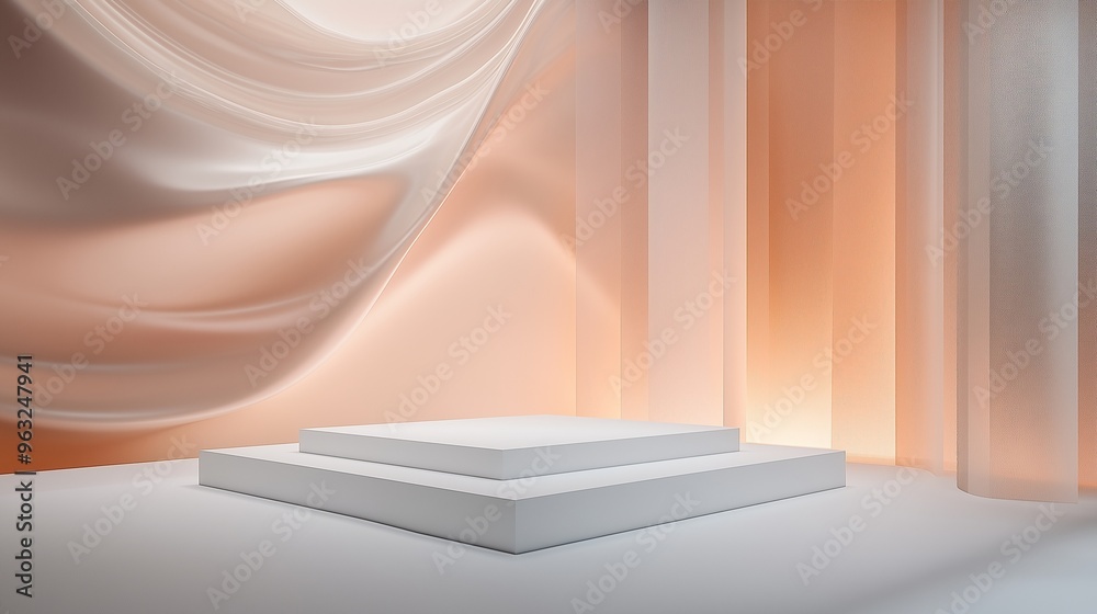 A minimalist white display platform positioned in front of luxury walls with flowing, elegant designs and soft gradient lighting, creating a refined space for high-end product showcases. A minimalist white display platform positioned in front of luxury walls with flowing, elegant designs and soft gradient lighting, creating a refined space for high-end product showcases.