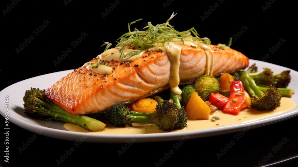 A culinary masterpiece: a pan-seared salmon fillet atop a bed of roasted vegetables, including asparagus, broccoli, and bell peppers, drizzled with a beurre blanc sauce. A culinary masterpiece: a pan-seared salmon fillet atop a bed of roasted vegetables, including asparagus, broccoli, and bell peppers, drizzled with a beurre blanc sauce.