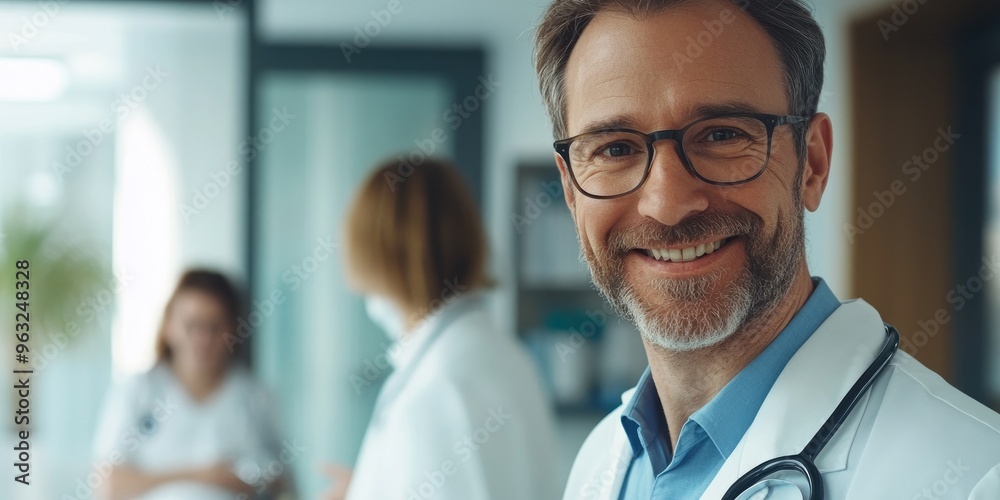 A confident Caucasian doctor in uniform smiles at the camera, with a patient in the background, emphasizing professional healthcare. A confident Caucasian doctor in uniform smiles at the camera, with a patient in the background, emphasizing professional healthcare.