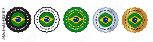 Made in brazil set of sign stamp badge, with varian color green, silver, gold, black suitable for products manufactured, military, agriculture or food vector illustration eps editable text