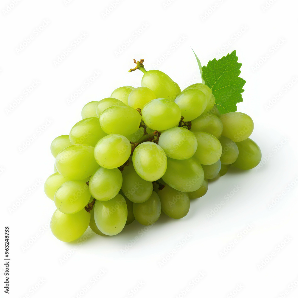 Green Grapes on White Background: A cluster of fresh, green grapes with a single leaf rests on a clean white backdrop, highlighting the fruit's vibrant hue and natural beauty. Green Grapes on White Background: A cluster of fresh, green grapes with a single leaf rests on a clean white backdrop, highlighting the fruit's vibrant hue and natural beauty.