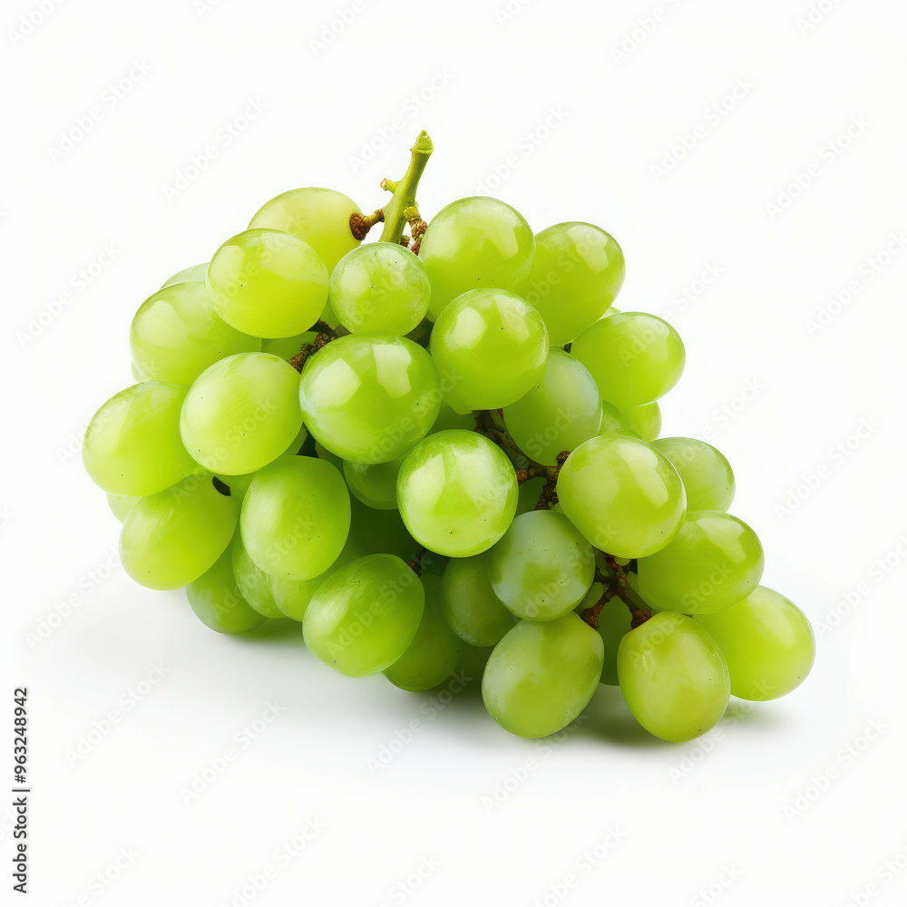 Green Grapes on White Background: A cluster of fresh, green grapes with a single leaf rests on a clean white backdrop, highlighting the fruit's vibrant hue and natural beauty. Green Grapes on White Background: A cluster of fresh, green grapes with a single leaf rests on a clean white backdrop, highlighting the fruit's vibrant hue and natural beauty.