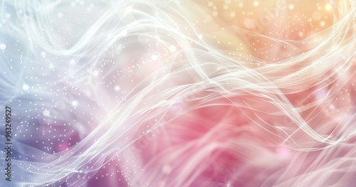 A soft, abstract background featuring flowing lines and sparkling particles in pastel colors.