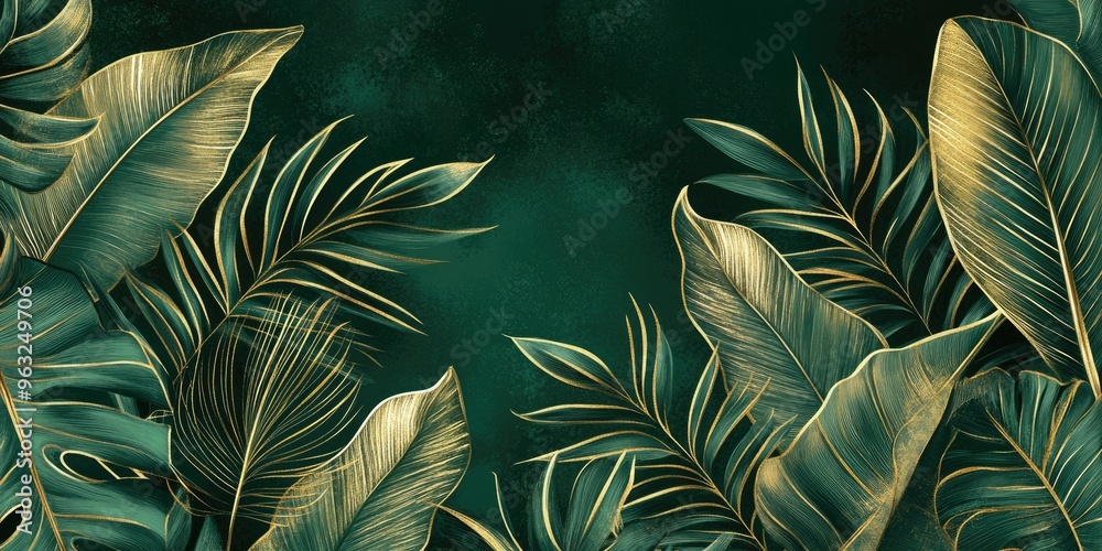 Luxurious tropical leaf wallpaper with gold accents and elegant line art. Luxurious tropical leaf wallpaper with gold accents and elegant line art.