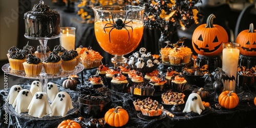 Spooky Halloween dessert table featuring themed cupcakes, candy pumpkins, and a large punch bowl decorated with spiders