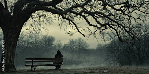 Hushed Lamentations of the Forsaken - A lone figure sitting on a cold, stone bench in a desolate park, gazing up at the empty branches of a tree. photo