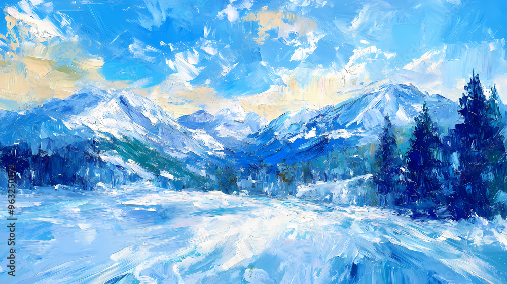 Obraz premium A vibrant impressionistic painting capturing a sweeping winter landscape, with expressive brush strokes depicting snowy mountains and icy blue skies. Impressionistic. Illustration