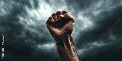 Muffled Roar of the Unyielding Spirit - A defiant fist raised against a stormy sky, symbolizing resistance and determination.